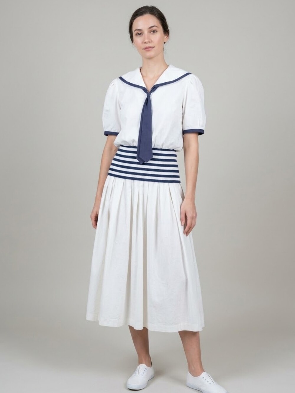 Vintage Algo Ettes Navy-Trim White Sailor Midi Dress